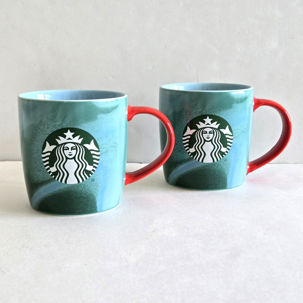 Starbucks Coffee Cups Ceramic Mugs Green Blue Swirl Mermaid Logo Set of Two 11oz
